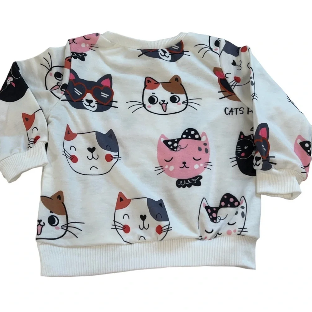 Girls Kitty Cat top shirt pullover crew neck with matching hair bows.